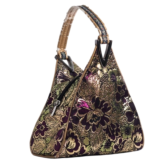 Brocade Floral Triangle Handbag in Gold & Purple - Picture 2 of 8